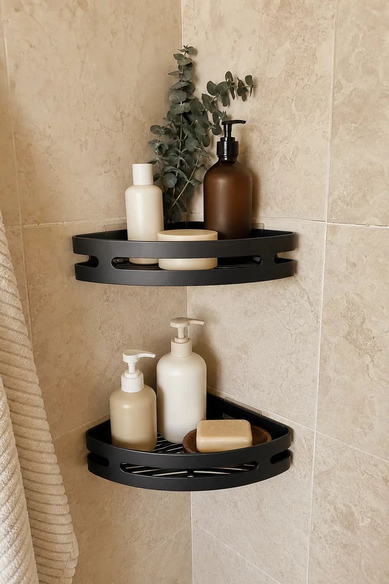 No-drill bathroom corner shelf styled idea