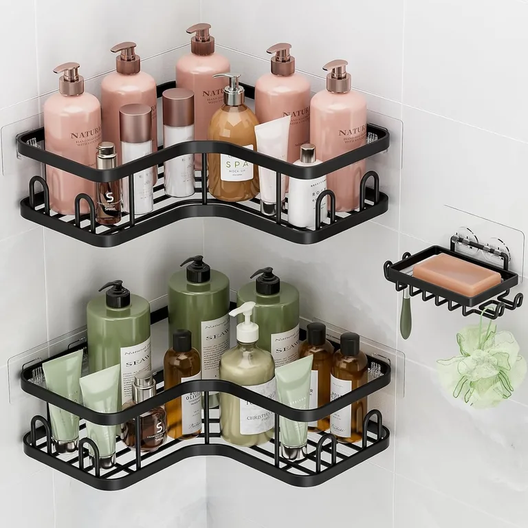 Actual Amazon product photo for No-drill bathroom corner shelf