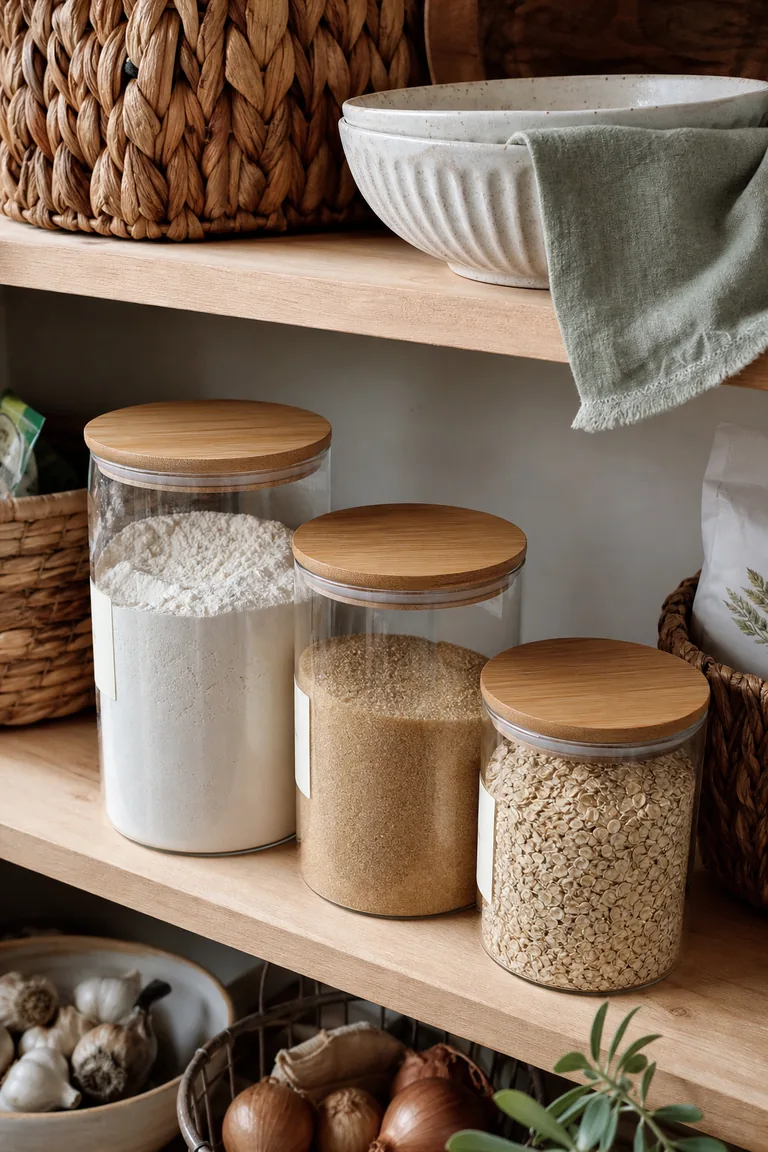 Glass + bamboo pantry jars styled idea