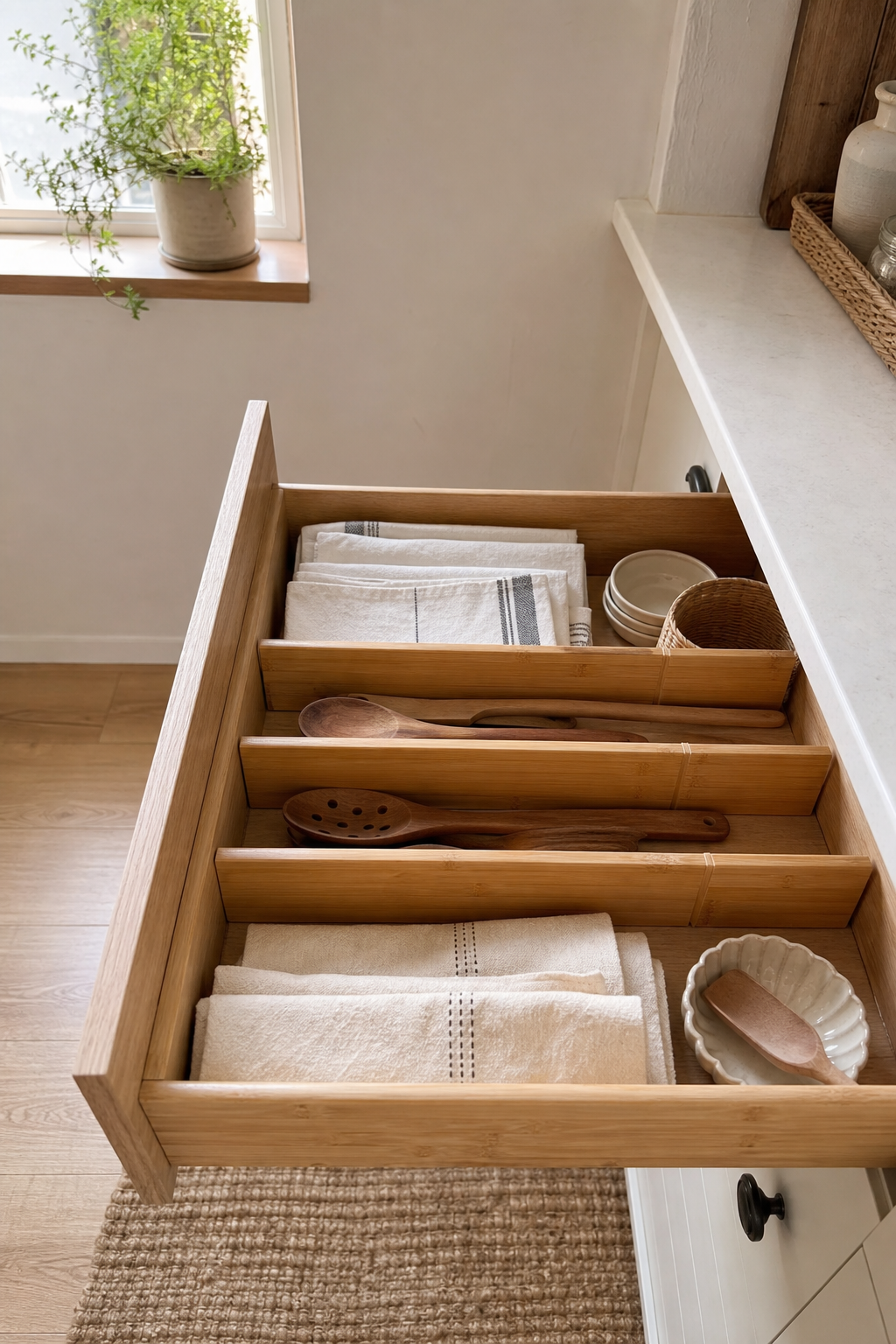 Adjustable bamboo drawer dividers styled in an organized cozy home