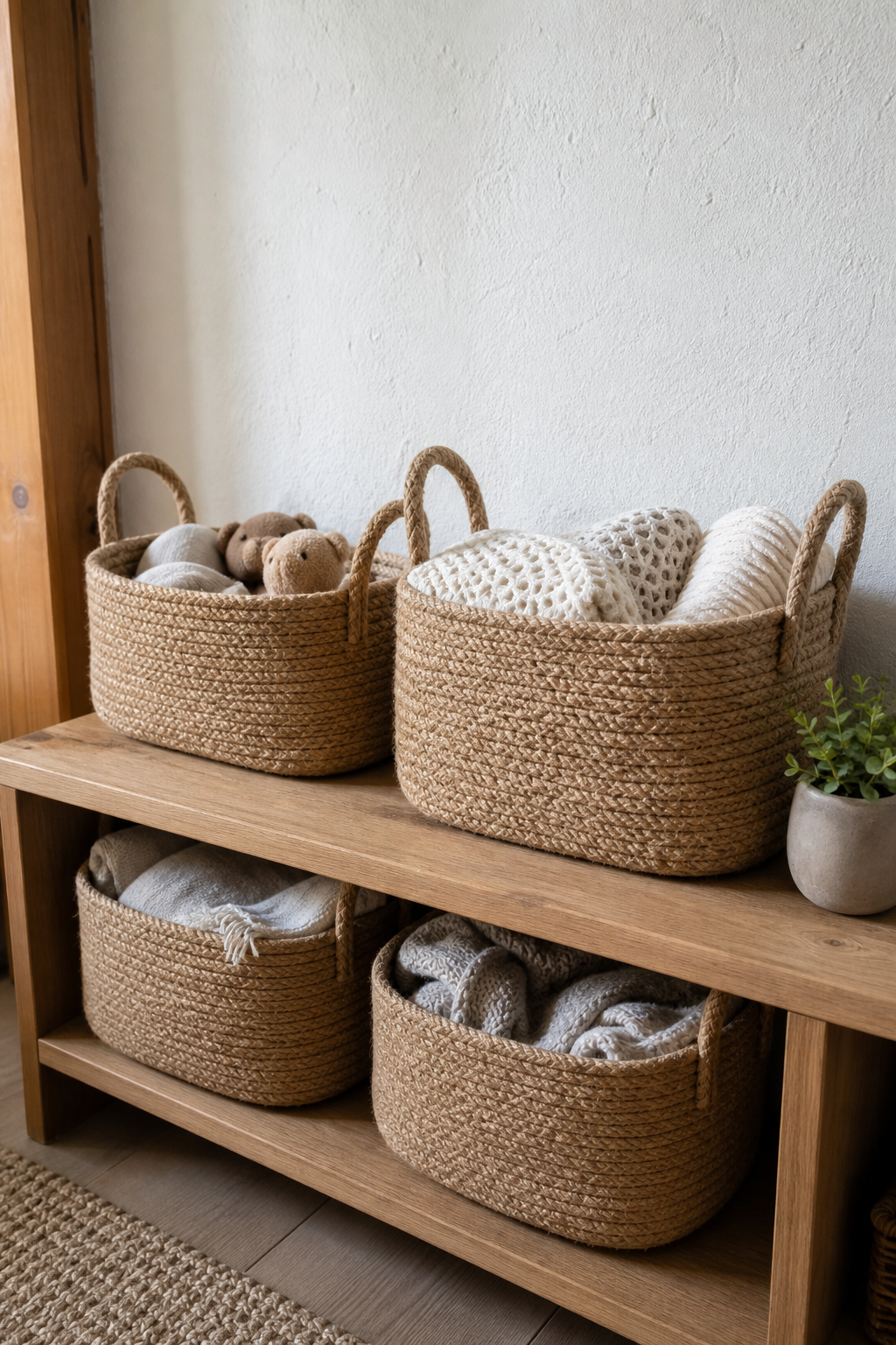Natural jute storage baskets styled in an organized cozy home
