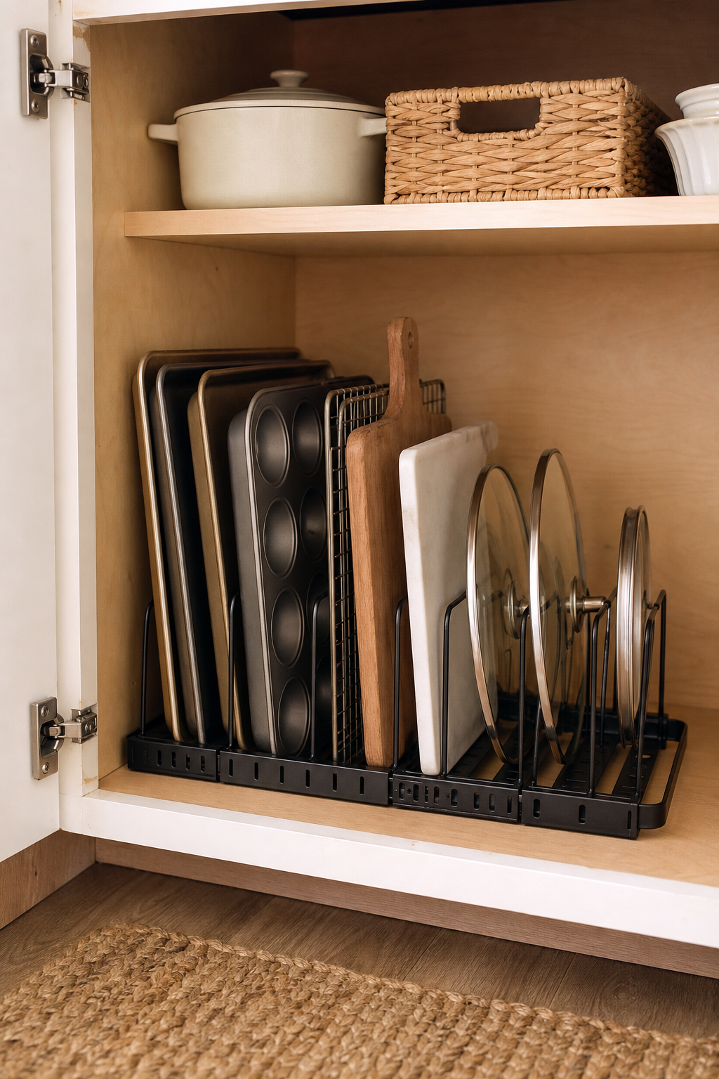 Bakeware + cutting board divider styled in an organized cozy home