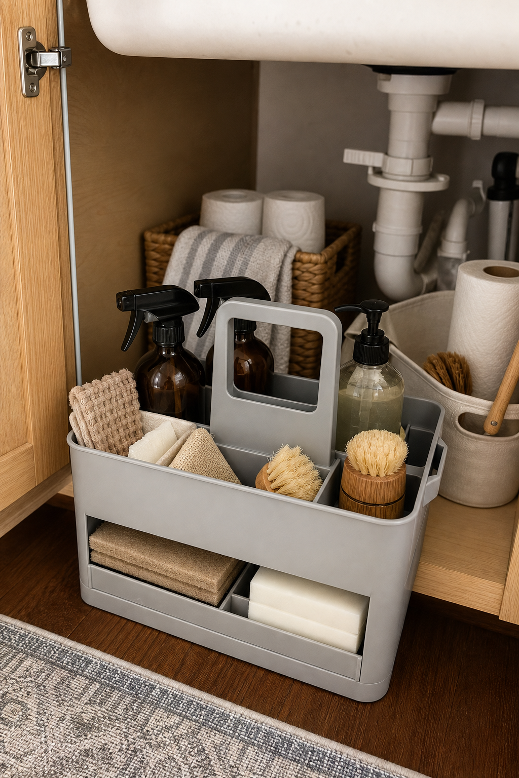 Under-sink cleaning caddy station styled as a cozy home organization find