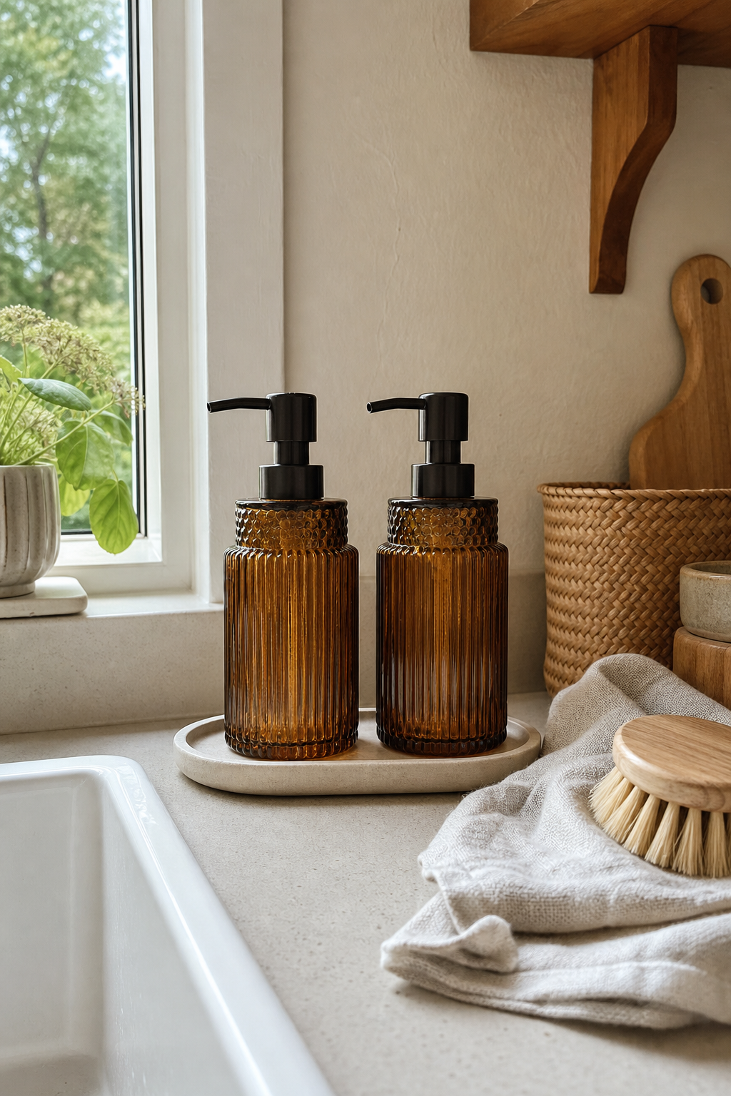 Ribbed glass soap dispenser set styled as a cozy home organization find