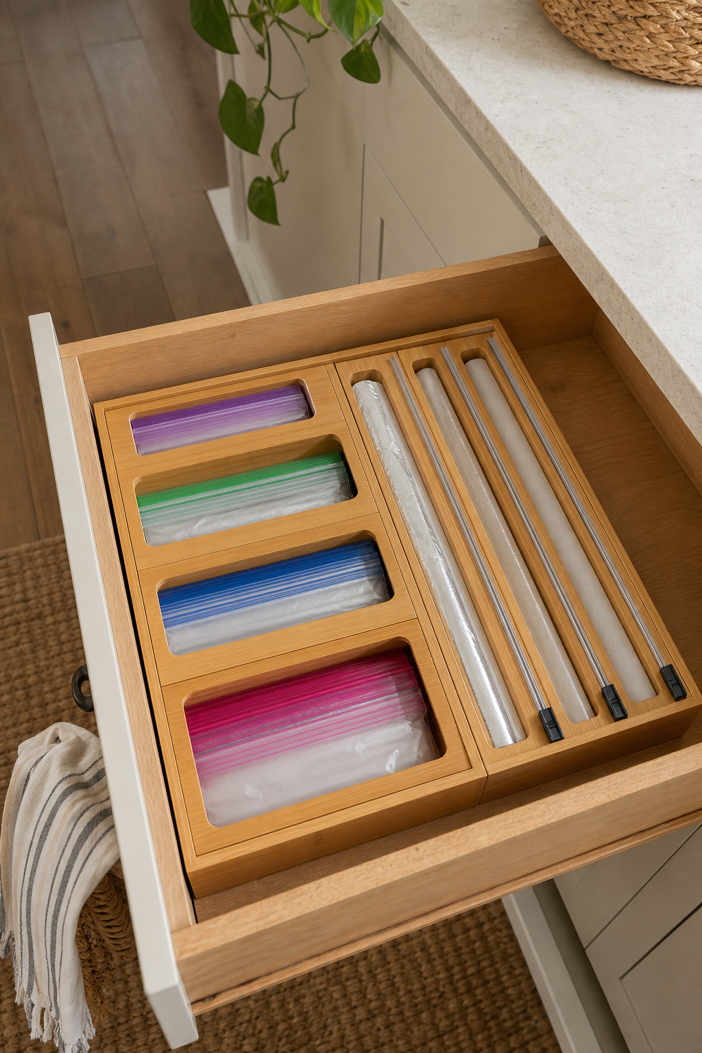 Bamboo wrap organizer styled as a cozy home organization find